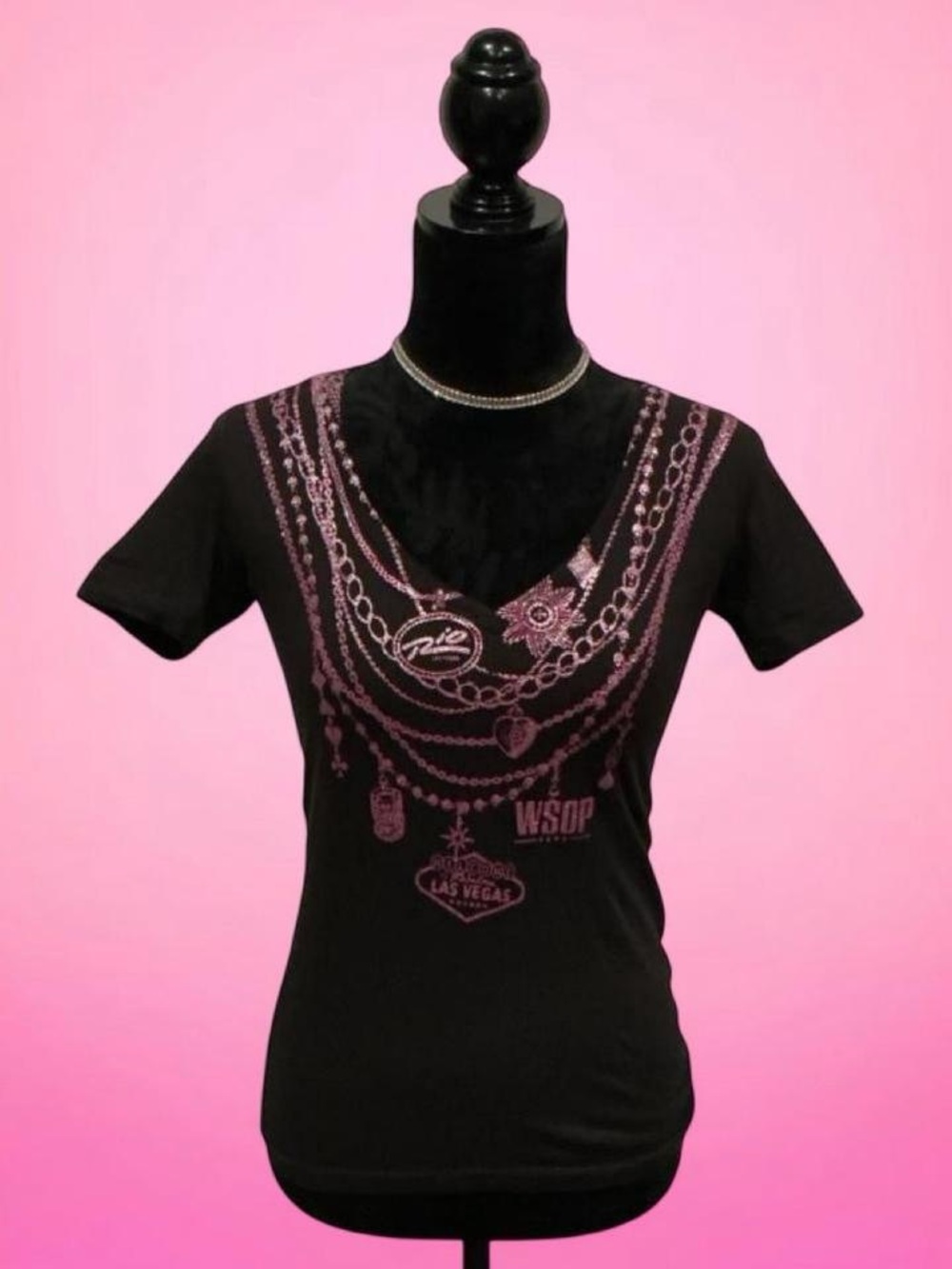 ♠️♦️Rio Las Vegas World Series of Poker Black Tee with Pink Accent Detail